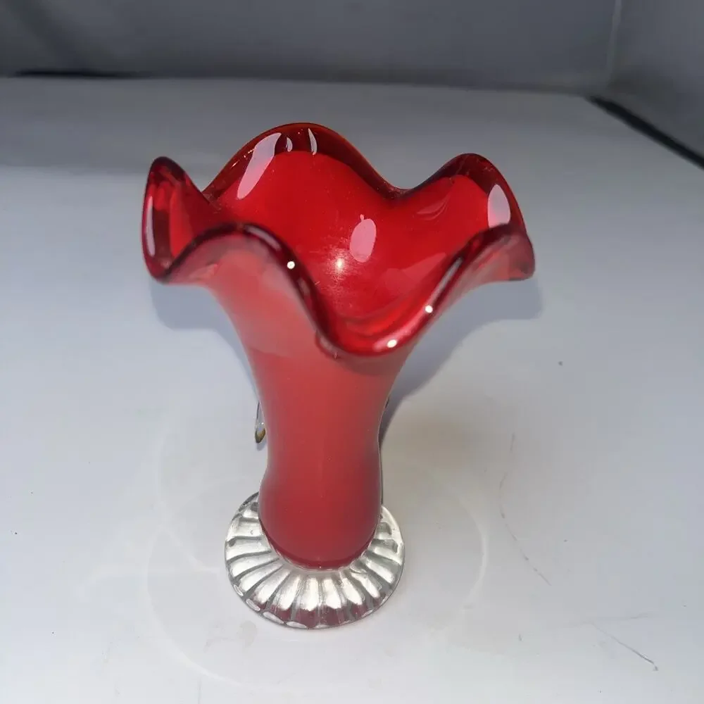 Vintage Blown Art Glass Vase Ruffled Edge w/ Applied Glass Bird 4.5" Murano - Picture 5 of 7